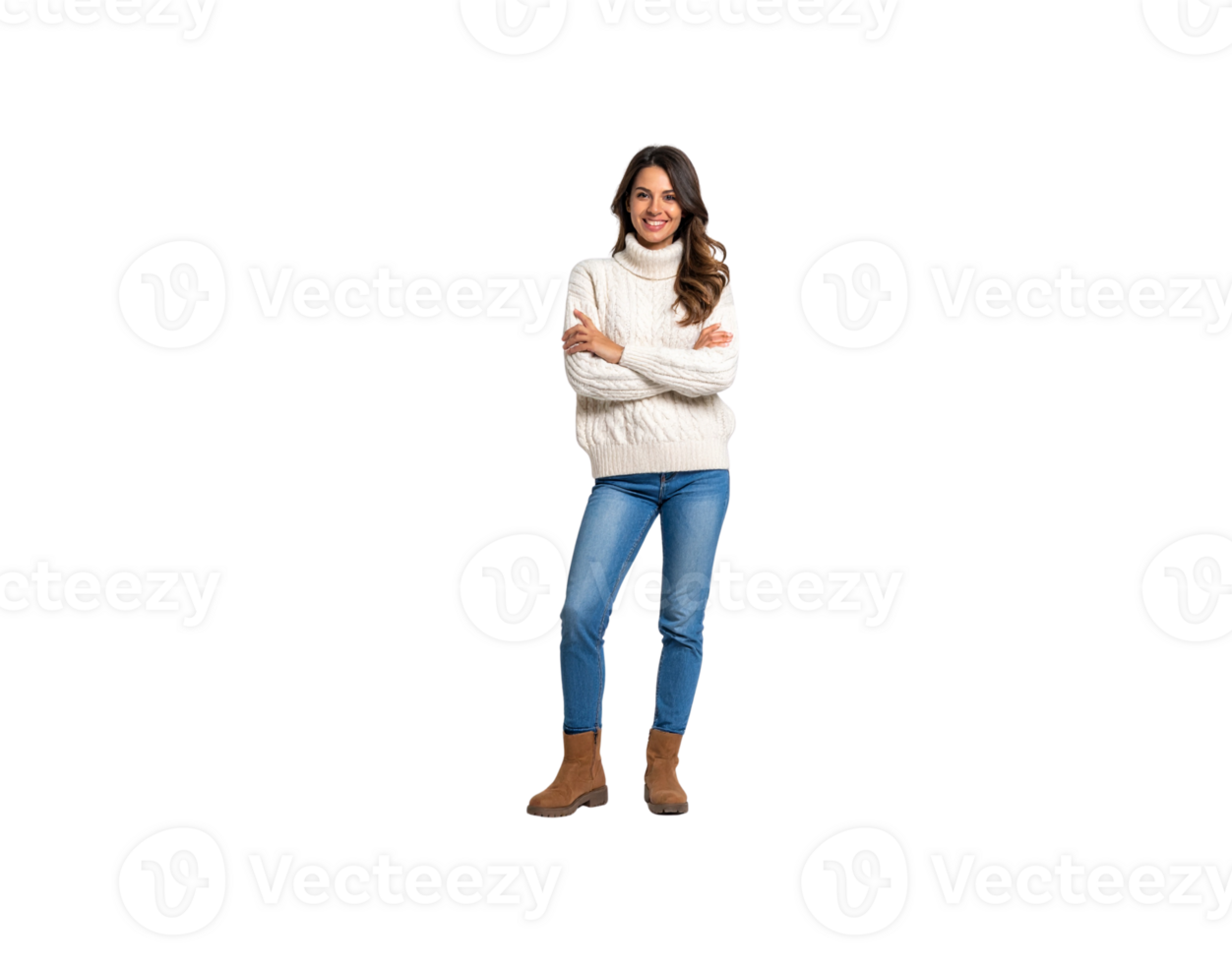 Smiling Woman in Cable Knit Sweater Jeans and Boots with Arms Crossed. png