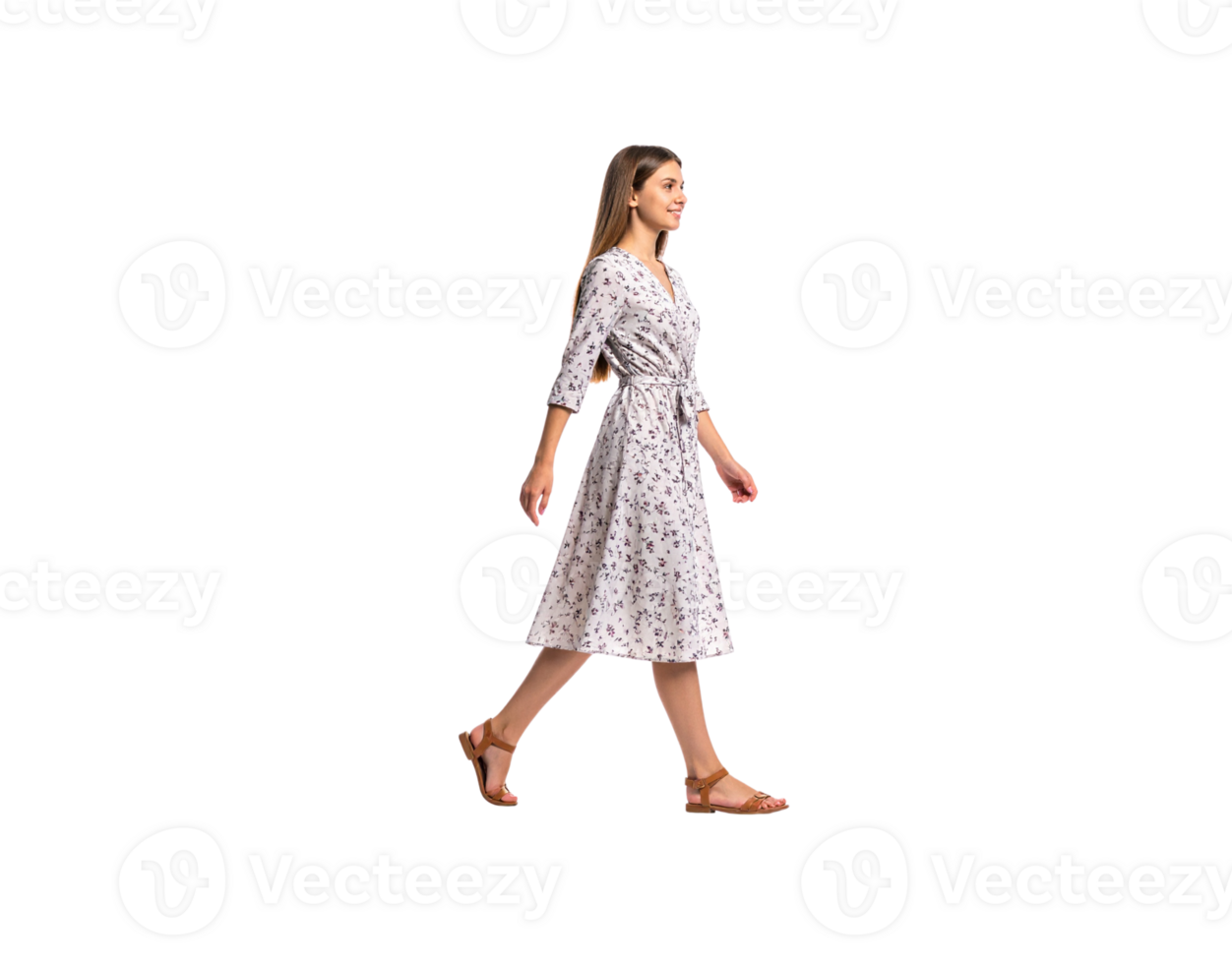 Woman in Floral Dress Walking with Brown Sandals Smiling Profile View. png