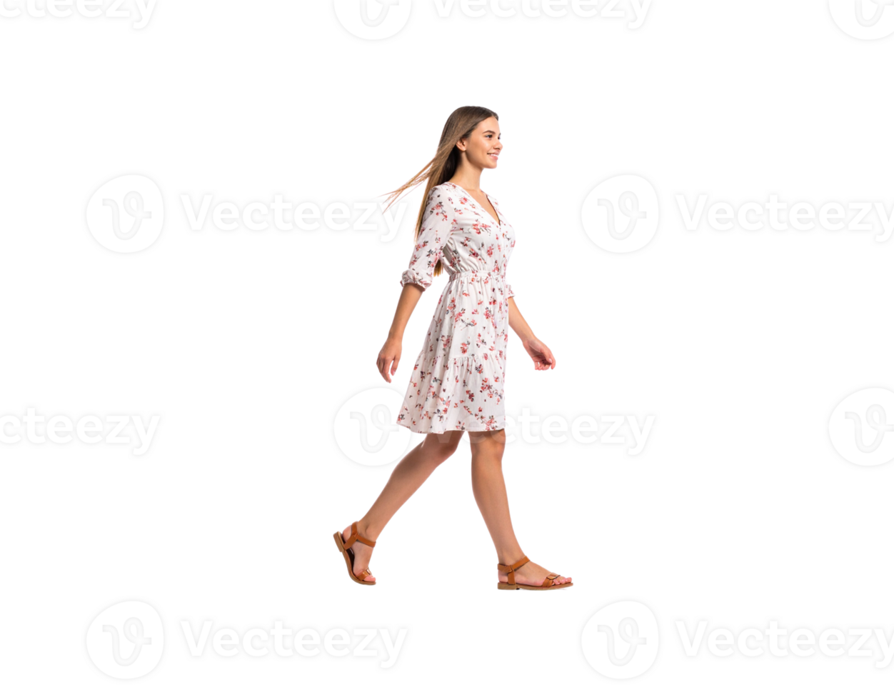 Smiling Woman Walking in Floral Dress and Sandals. png