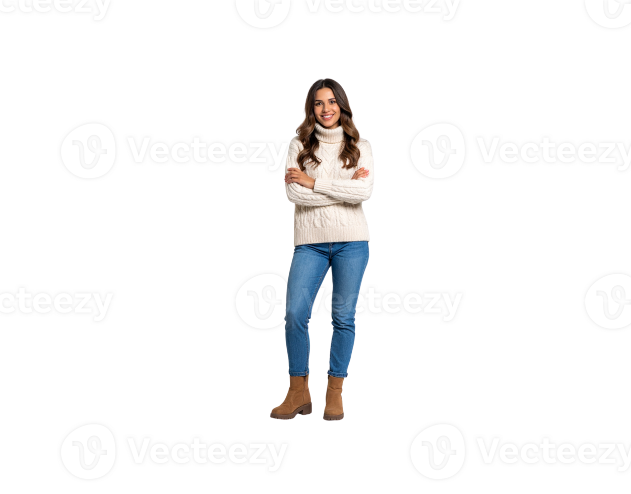 Smiling Woman in CableKnit Sweater Jeans and Suede Ankle Boots. png