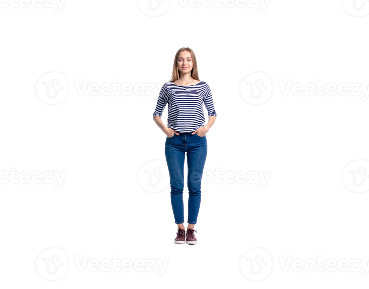 Smiling Woman in Striped Shirt and Jeans with Hands in Pockets. png
