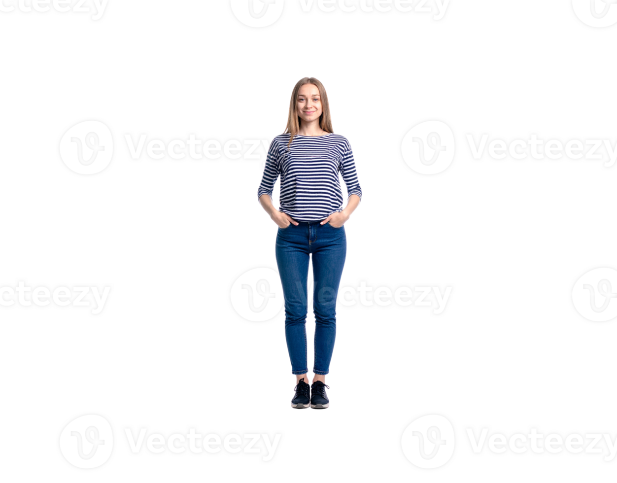 Smiling Woman in Striped Shirt and Jeans Standing with Hands in Pockets. png