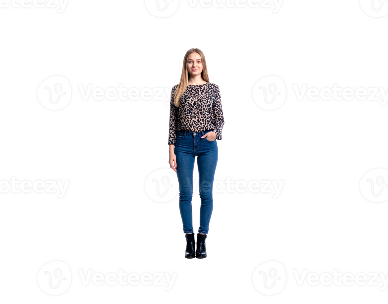 Smiling Woman in Leopard Print Top and Blue Jeans Full Length Portrait. png