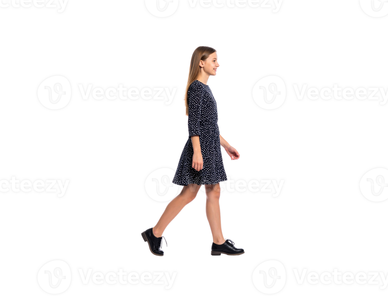 Girl Walking in Polka Dot Dress and Black Shoes Side View. png