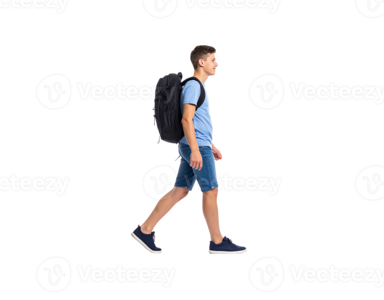 Teenager Walking with Backpack Blue Shirt and Denim Shorts. png