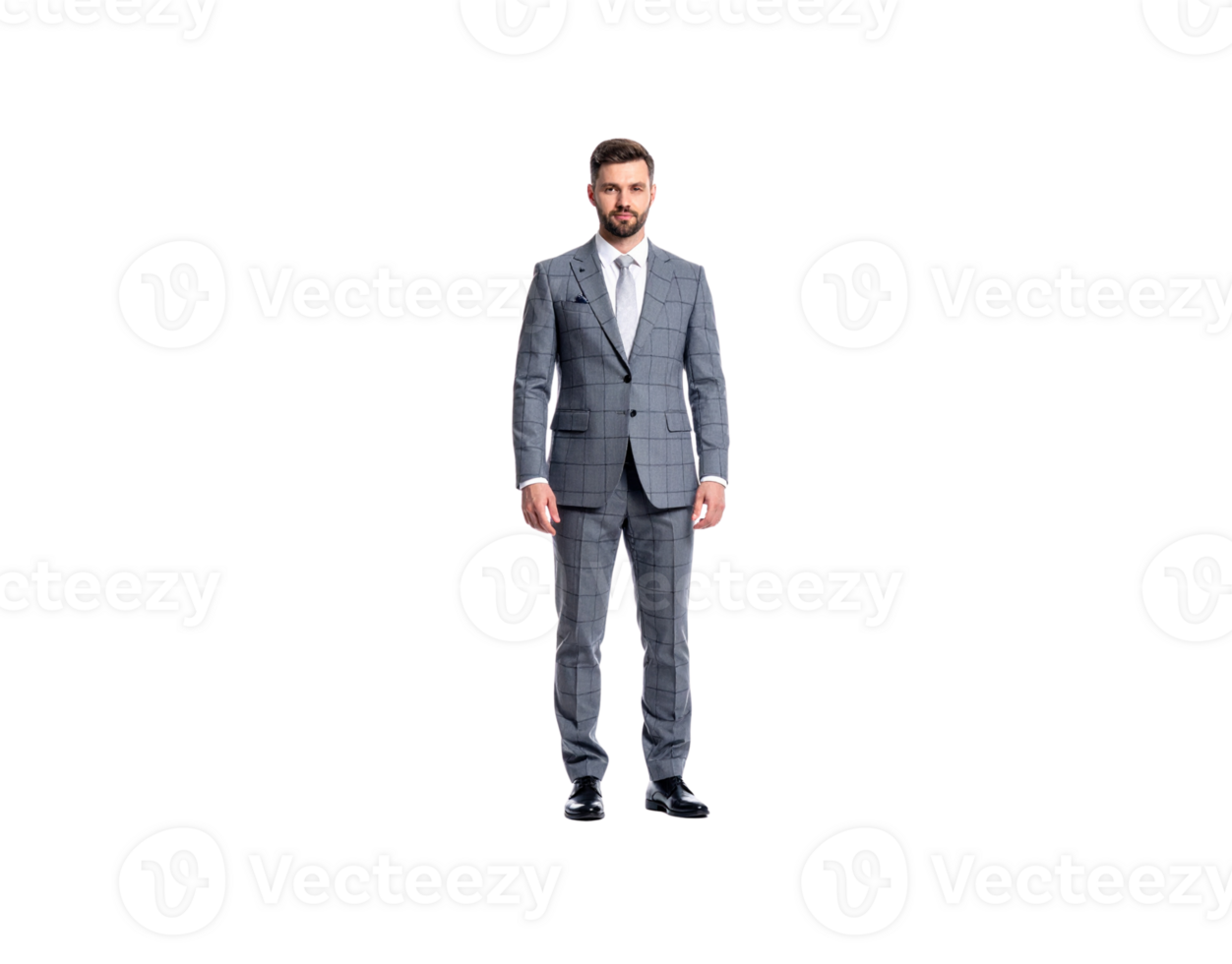 Confident man in gray plaid suit tie and black shoes standing straight. png