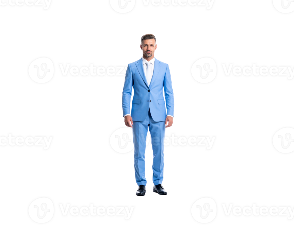 Confident Man in Light Blue Suit White Shirt and Black Shoes. png