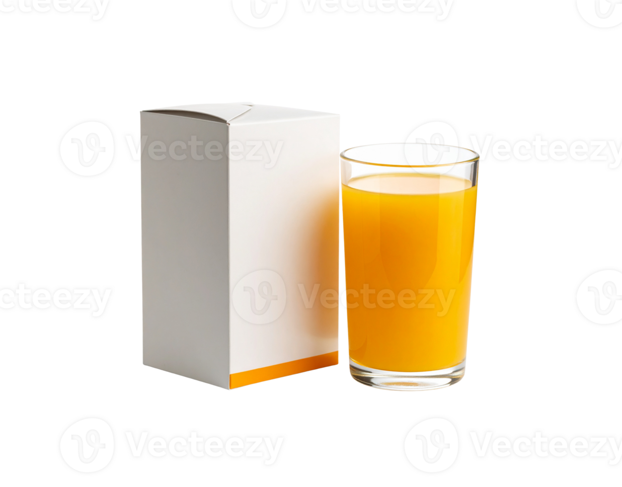 Refreshing orange juice in a clear glass next to a white carton box. png