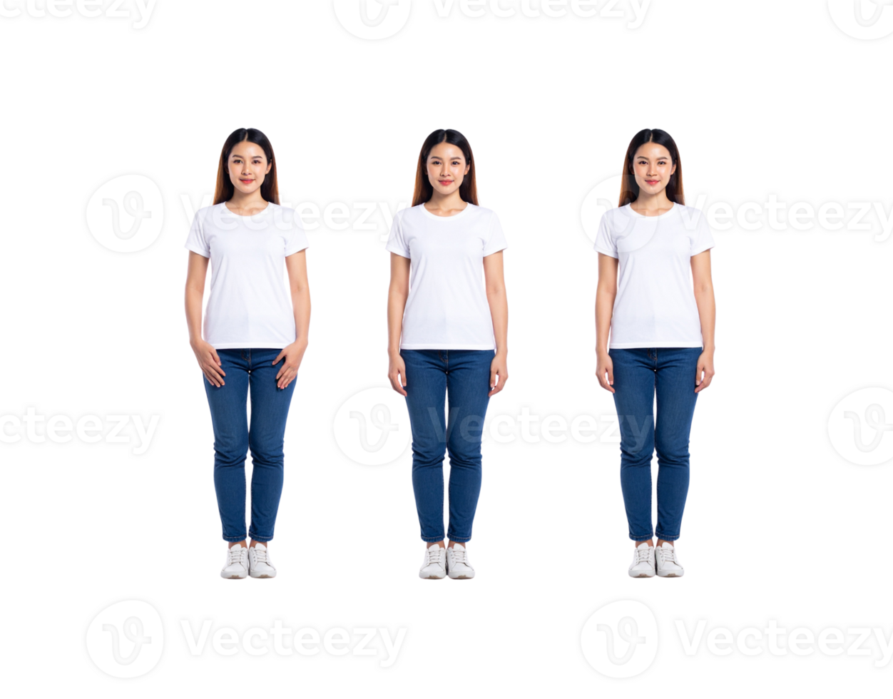 Three Asian women in white tshirts and blue jeans standing straight. png