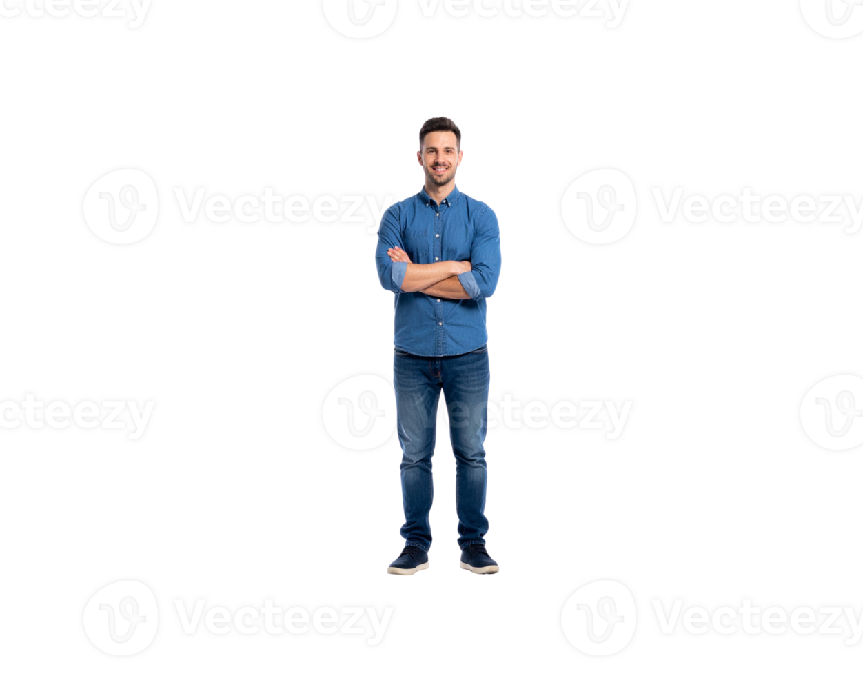 Smiling Man in Denim Shirt with Arms Crossed Full Body Shot. png
