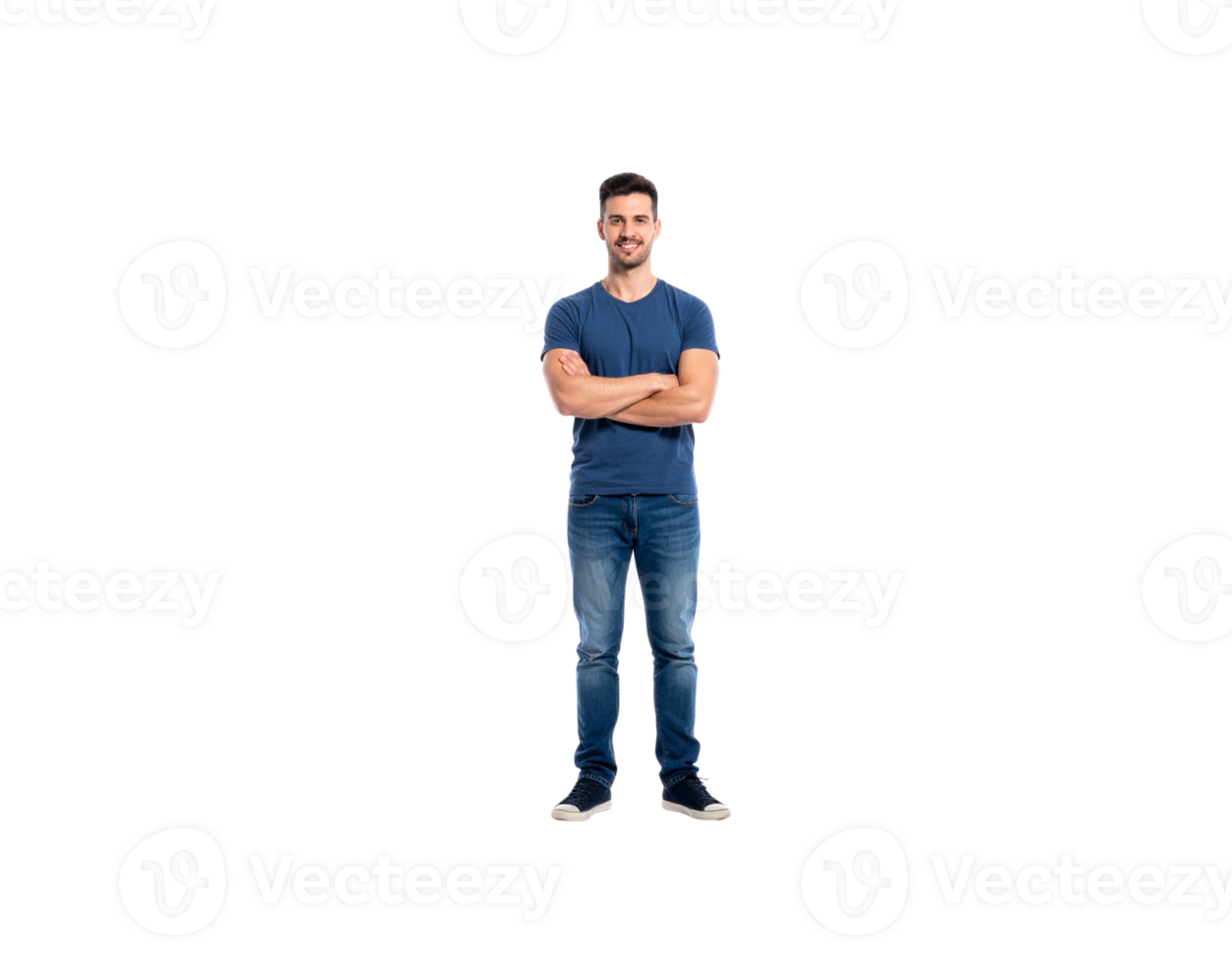 Smiling Man in Blue TShirt and Jeans with Arms Crossed. png