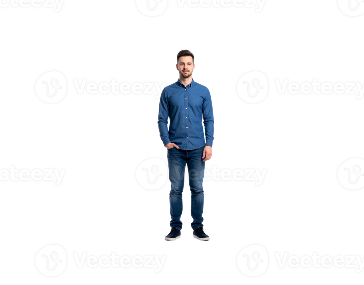 Full Body Shot of Man in Denim Shirt and Jeans Hands in Pocket. png