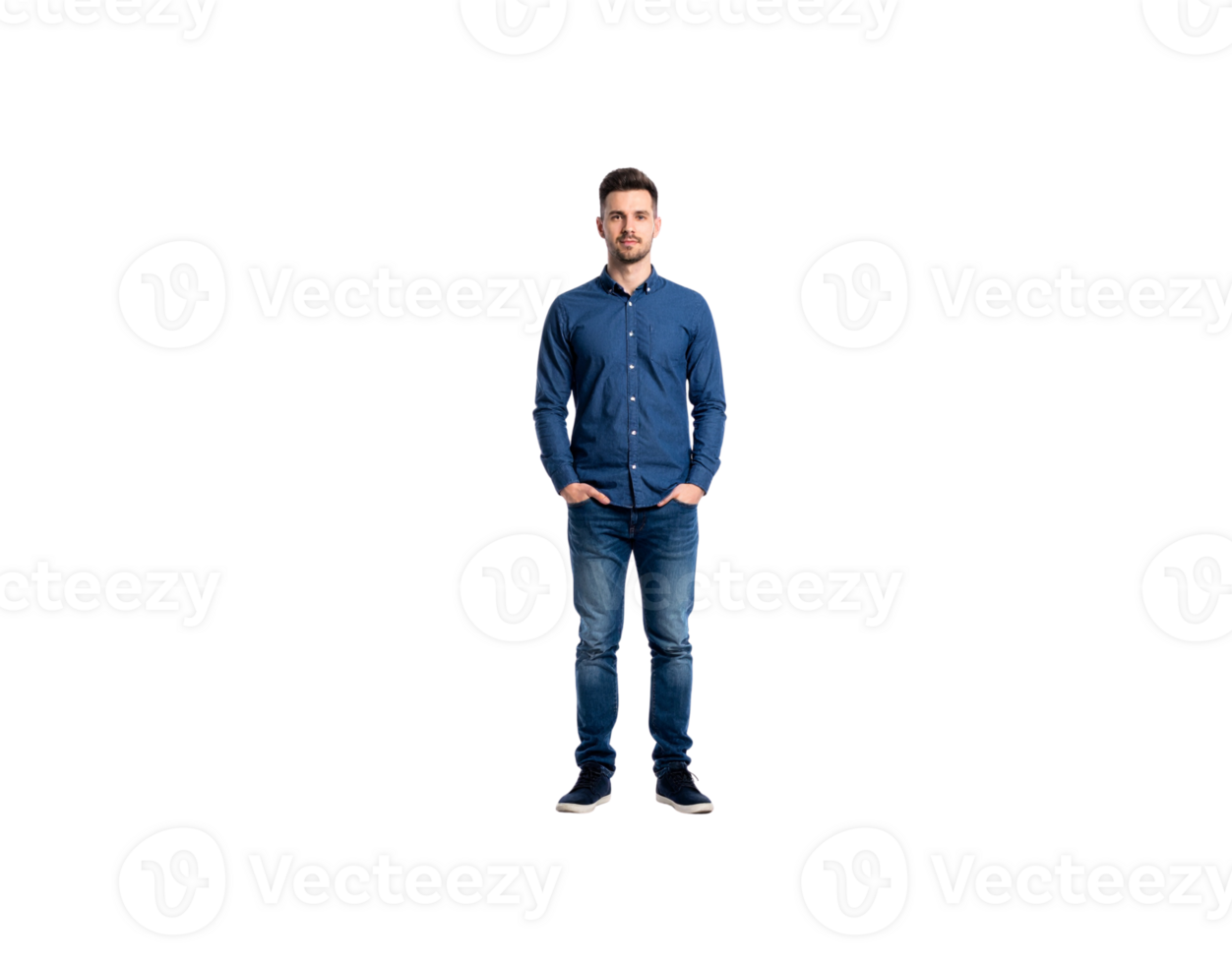 Man in Denim Shirt and Jeans with Hands in Pockets Full Shot. png