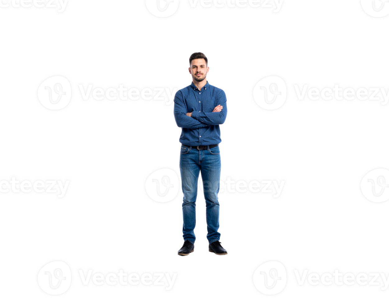 Confident Man in Denim Shirt with Arms Crossed Full Body Shot. png