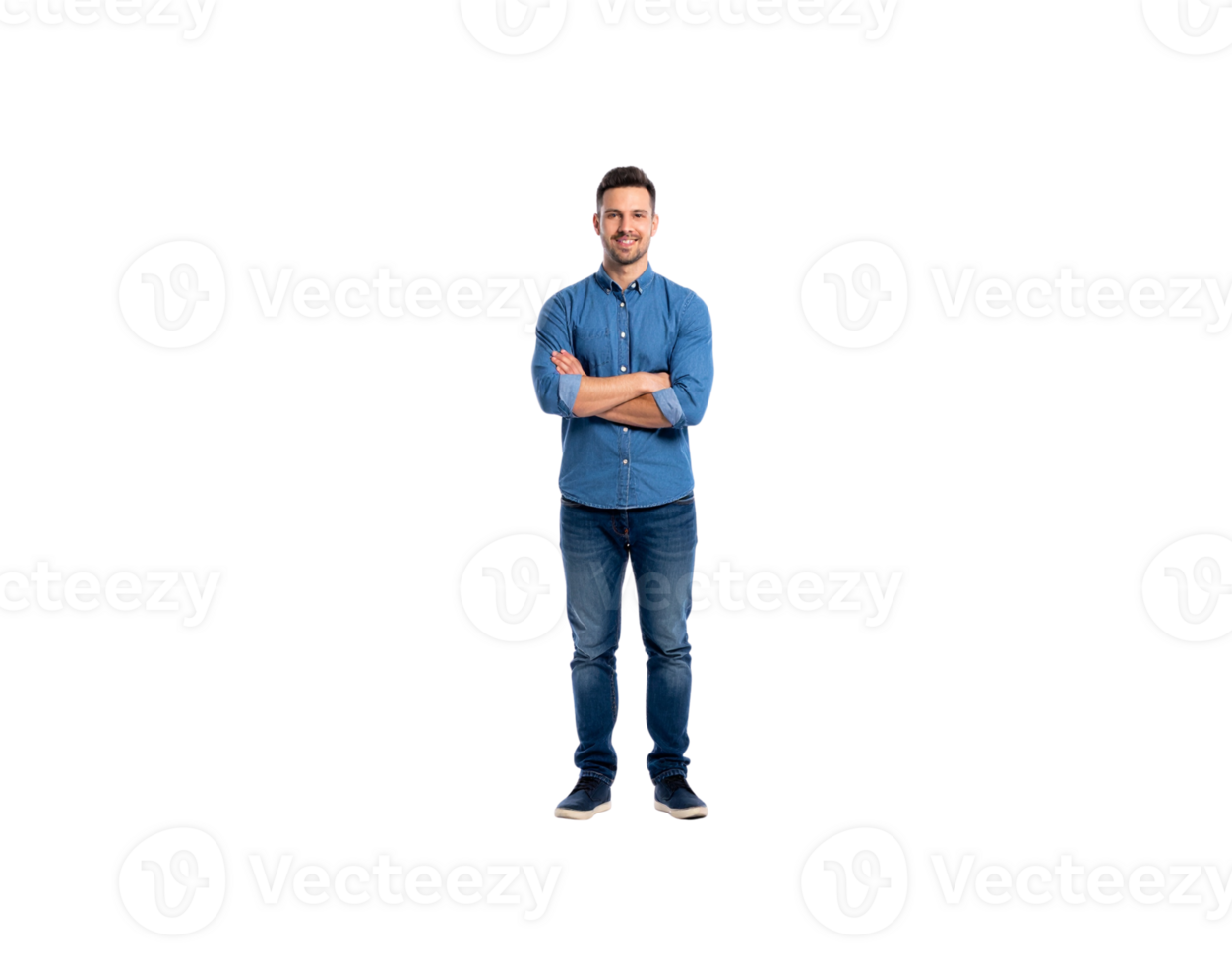 Smiling Man in Denim Outfit with Arms Crossed Full Body Shot. png