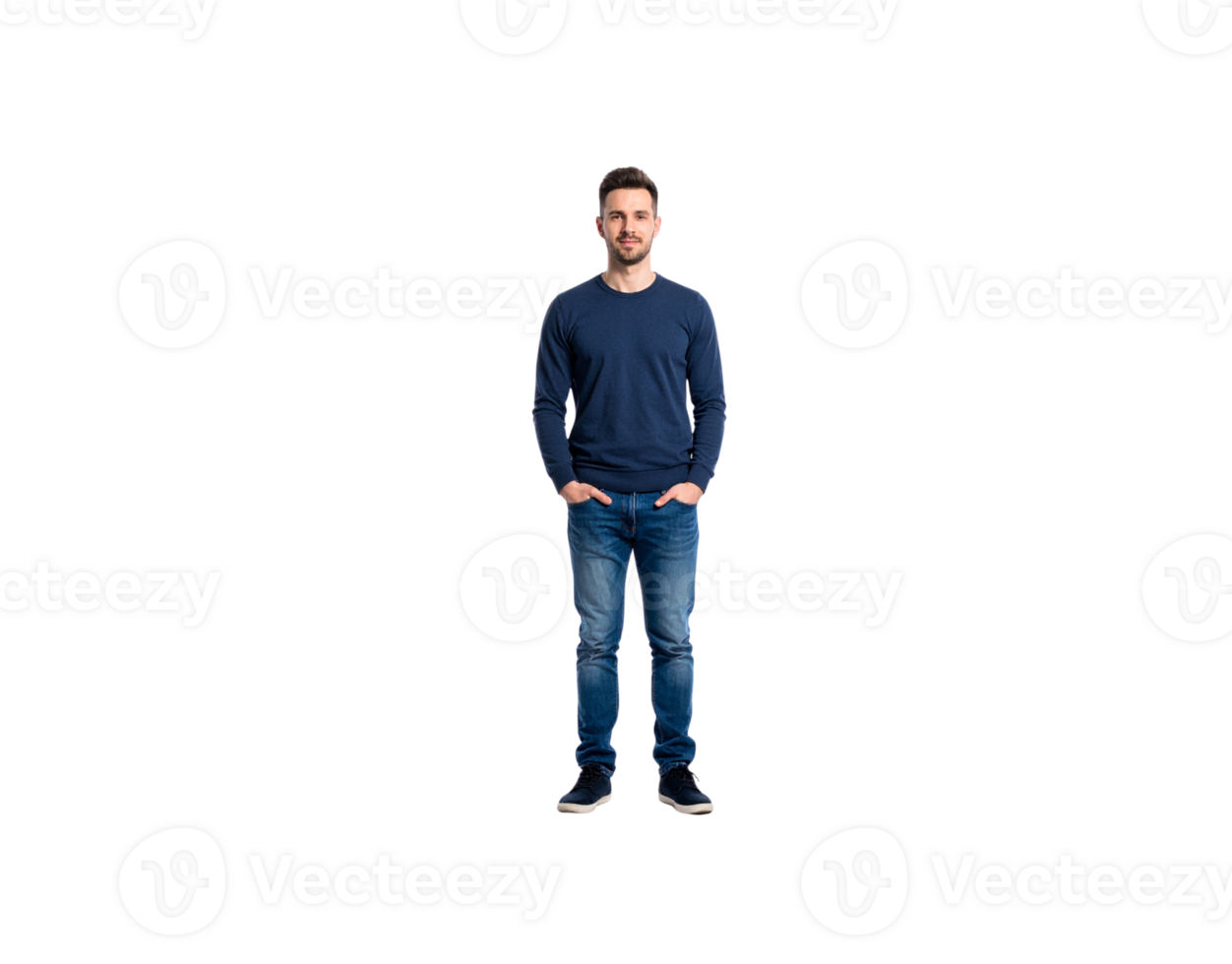 Fulllength portrait of a man in blue sweater and jeans hands in pockets. png