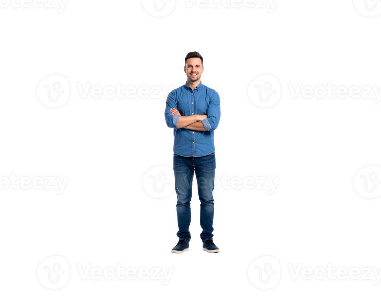 Smiling Man in Denim Shirt and Jeans with Arms Crossed Full Shot. png