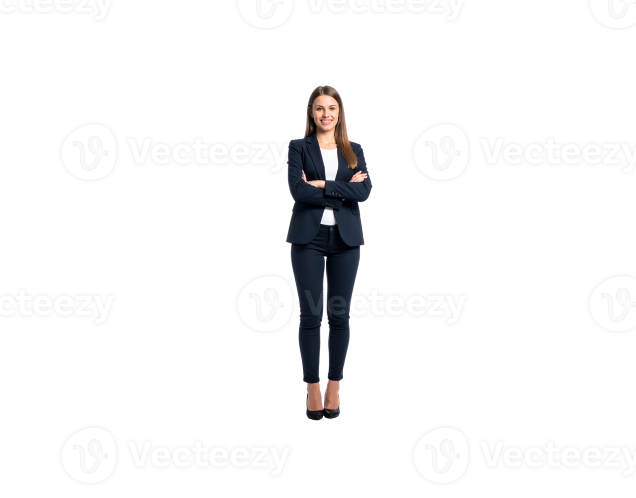 Confident Businesswoman in Dark Blue Suit with Arms Crossed Smiling. png