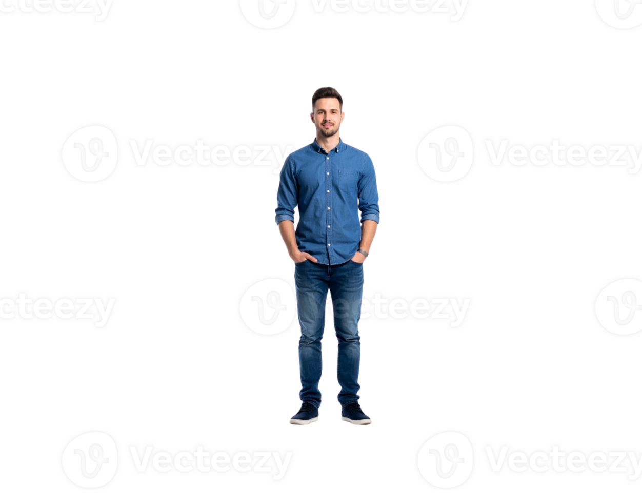 Full Body Shot of Man in Denim Outfit with Hands in Pockets. png