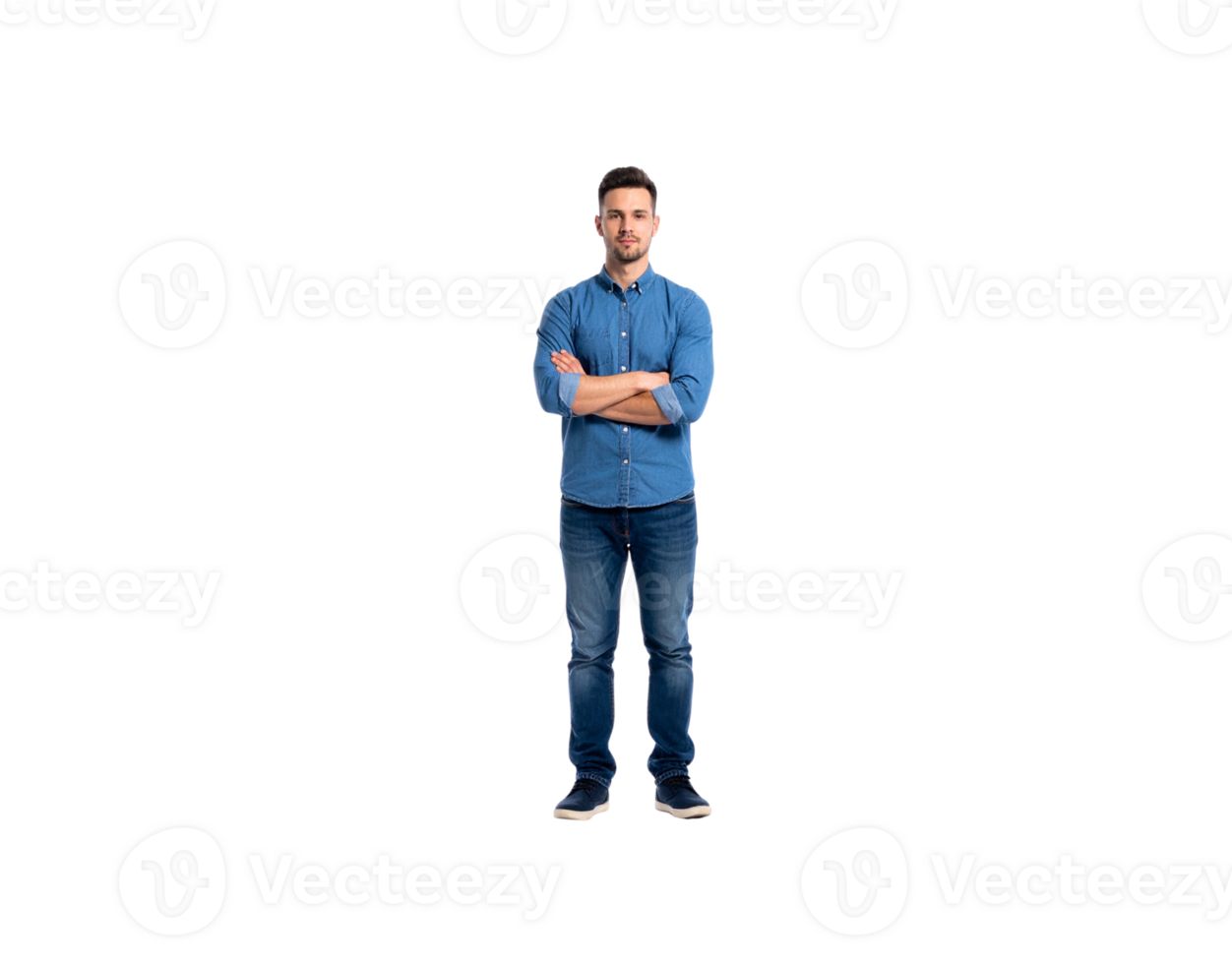 Confident Man in Denim Outfit with Arms Crossed Full Shot. png