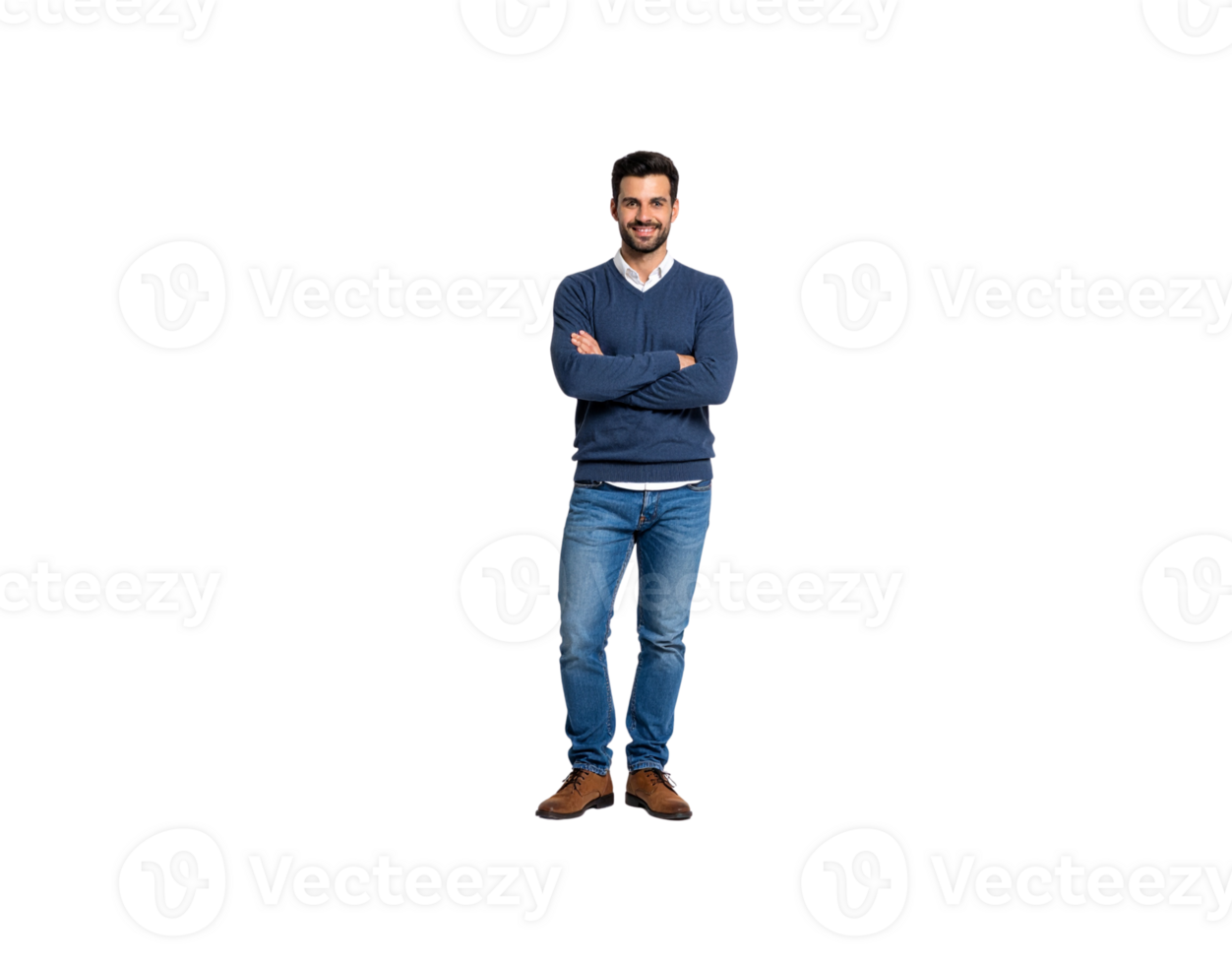 Smiling Man in Blue Sweater and Jeans with Arms Crossed. png