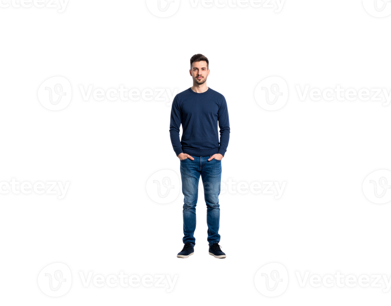 Fulllength portrait of a man in casual blue attire hands in pockets. png