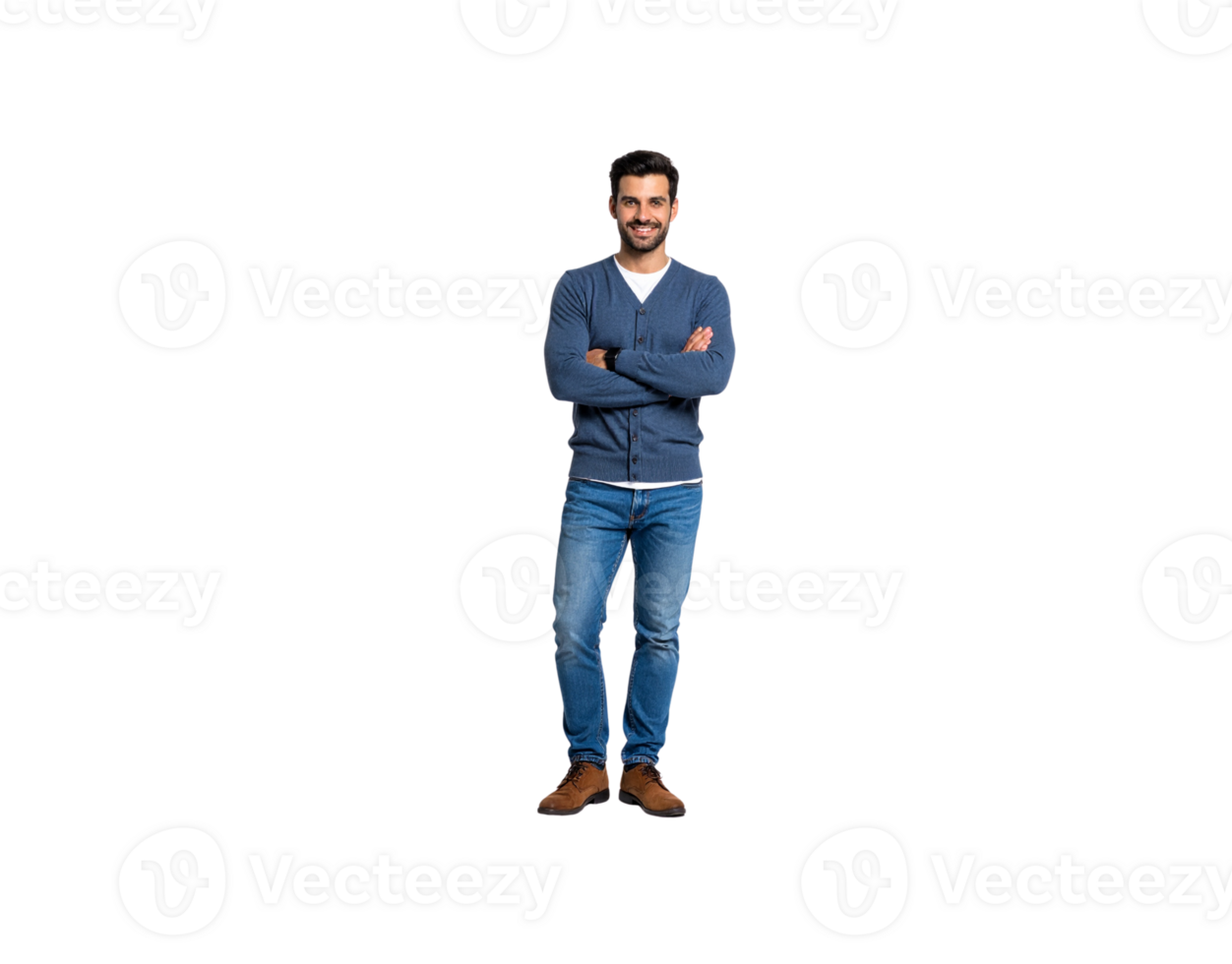 Smiling Man in Blue Cardigan Jeans and Brown Shoes with Arms Crossed. png