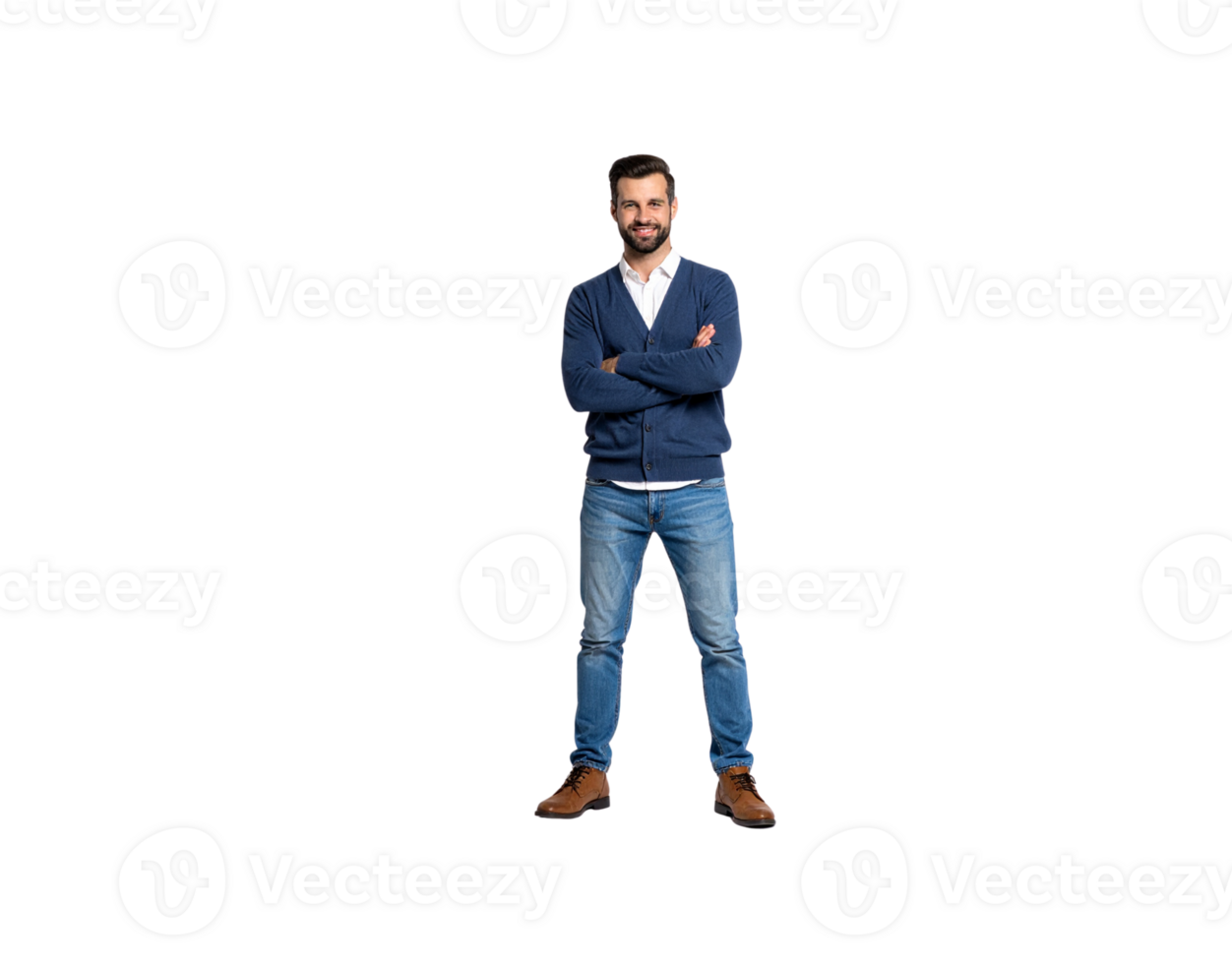 Smiling Man with Arms Crossed Wearing Blue Cardigan and Jeans. png
