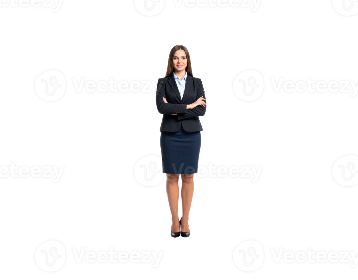 Confident Businesswoman in Dark Suit with Arms Crossed Smiling. png