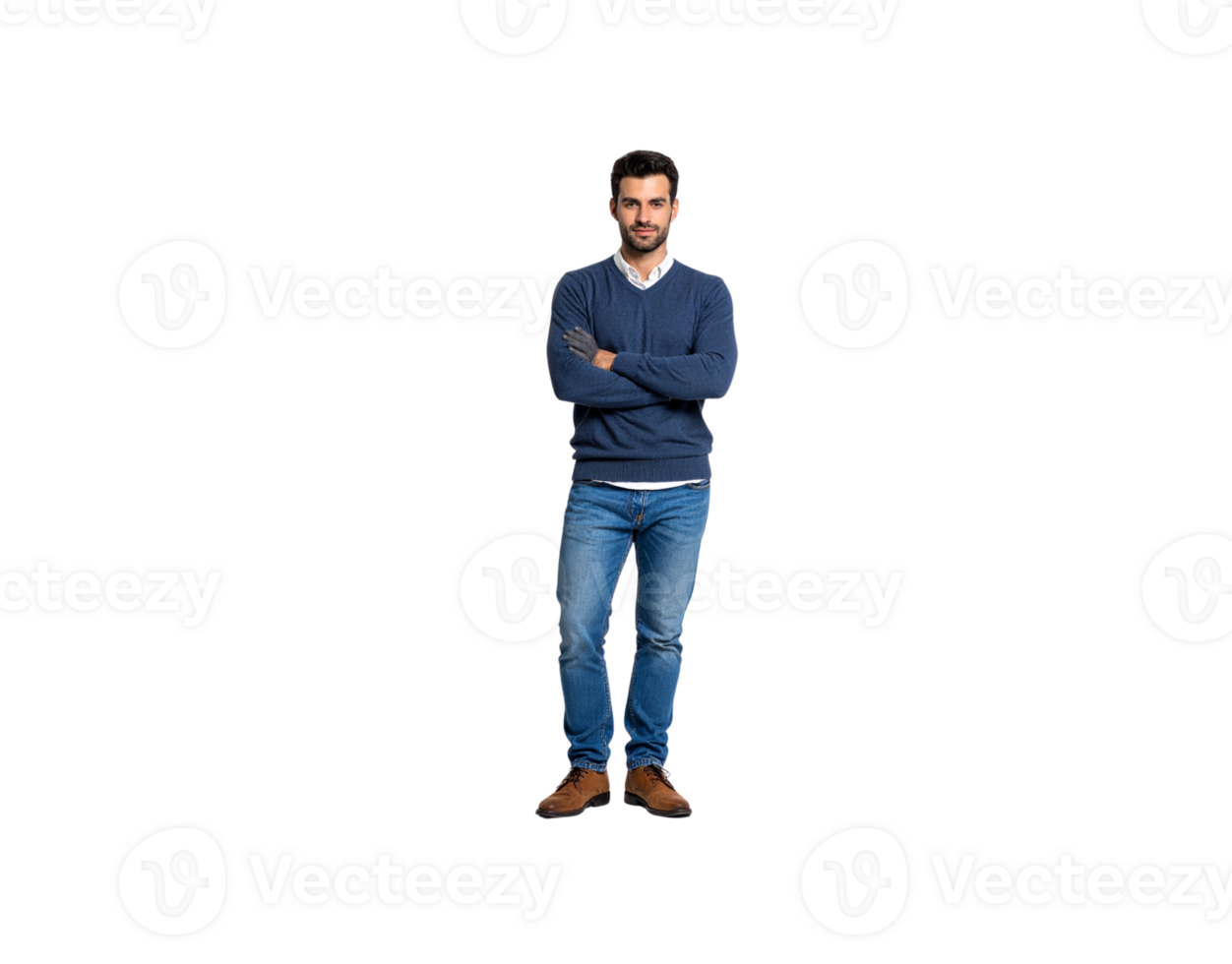 Confident Man in Blue Sweater and Jeans with Arms Crossed. png