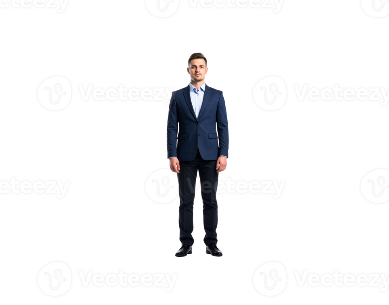 Confident Man in Dark Blue Suit Standing Straight Facing Front. png