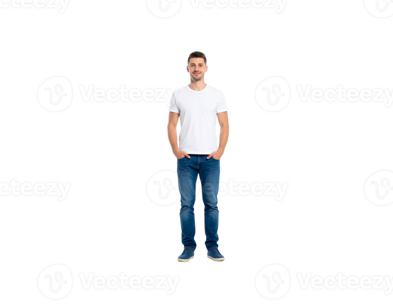 Smiling Man in White TShirt and Jeans with Hands in Pockets. png