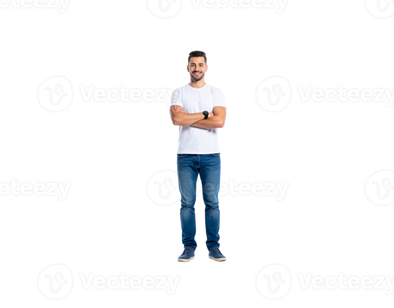 Smiling Man in White TShirt and Jeans with Arms Crossed Confident Pose. png