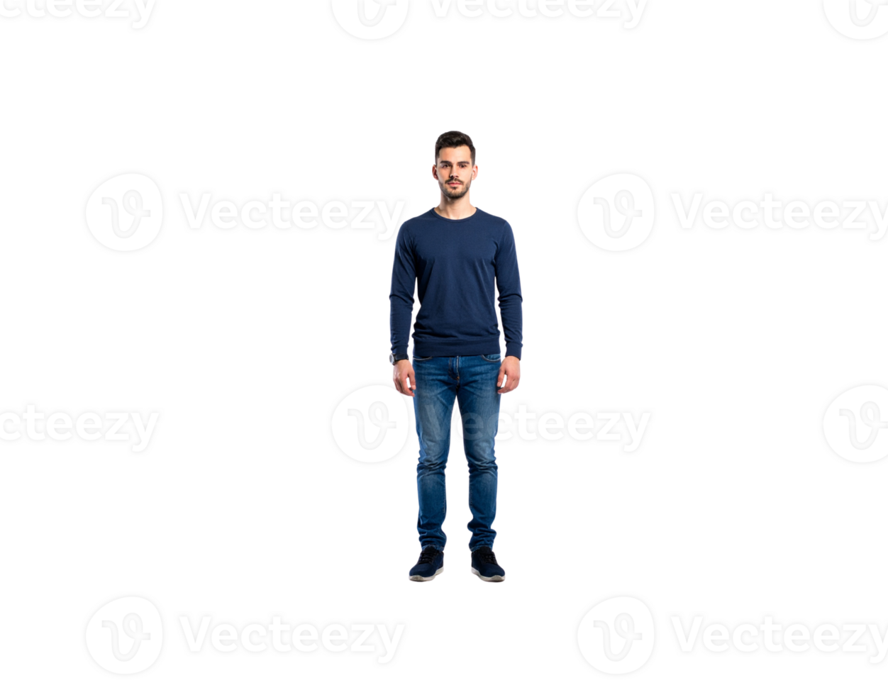 Standing Man in Blue Sweater and Jeans Full Length Portrait. png