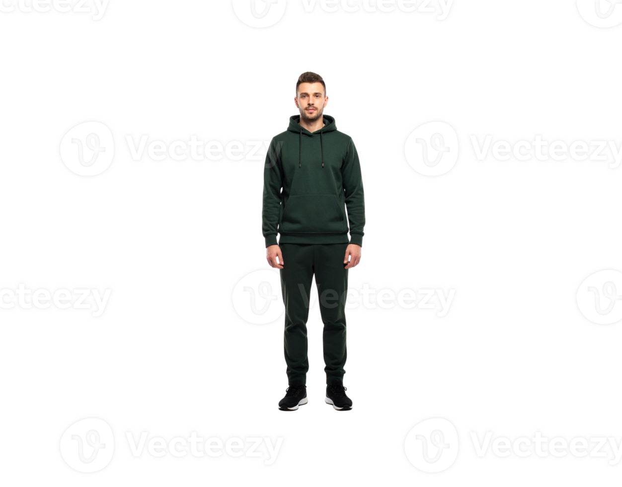 Man in Dark Green Hoodie and Tracksuit Standing Still. png