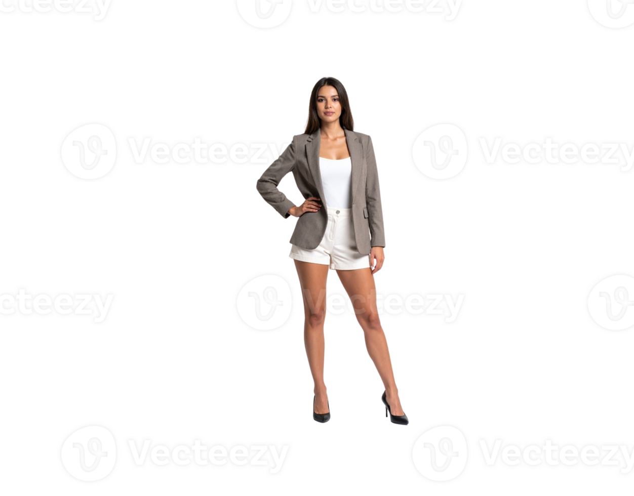 Confident Woman in Blazer Shorts and Heels Posing with Hand on Hip. png