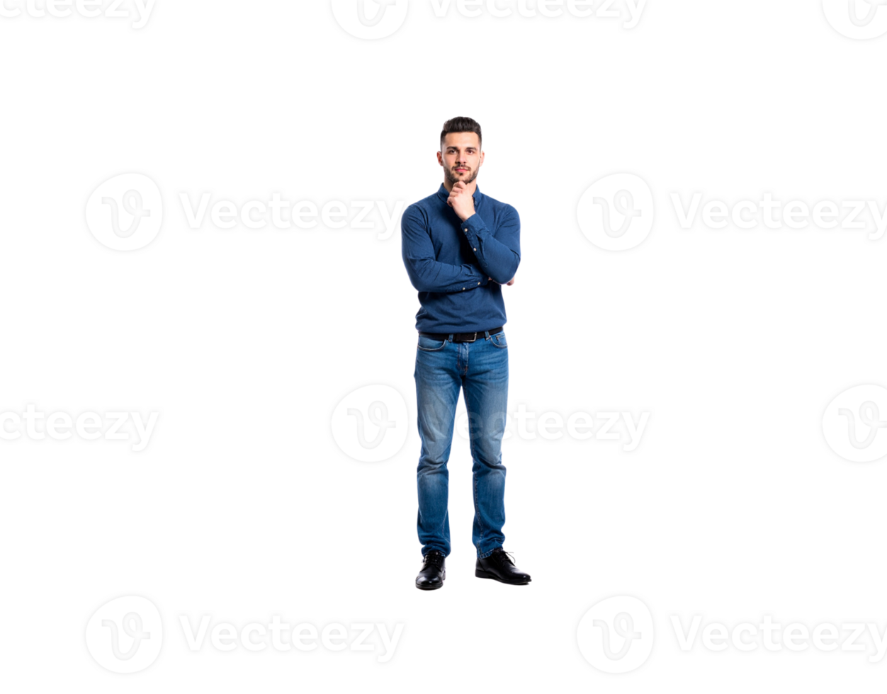 Thoughtful Man in Blue Shirt and Jeans Standing Posing Isolated. png