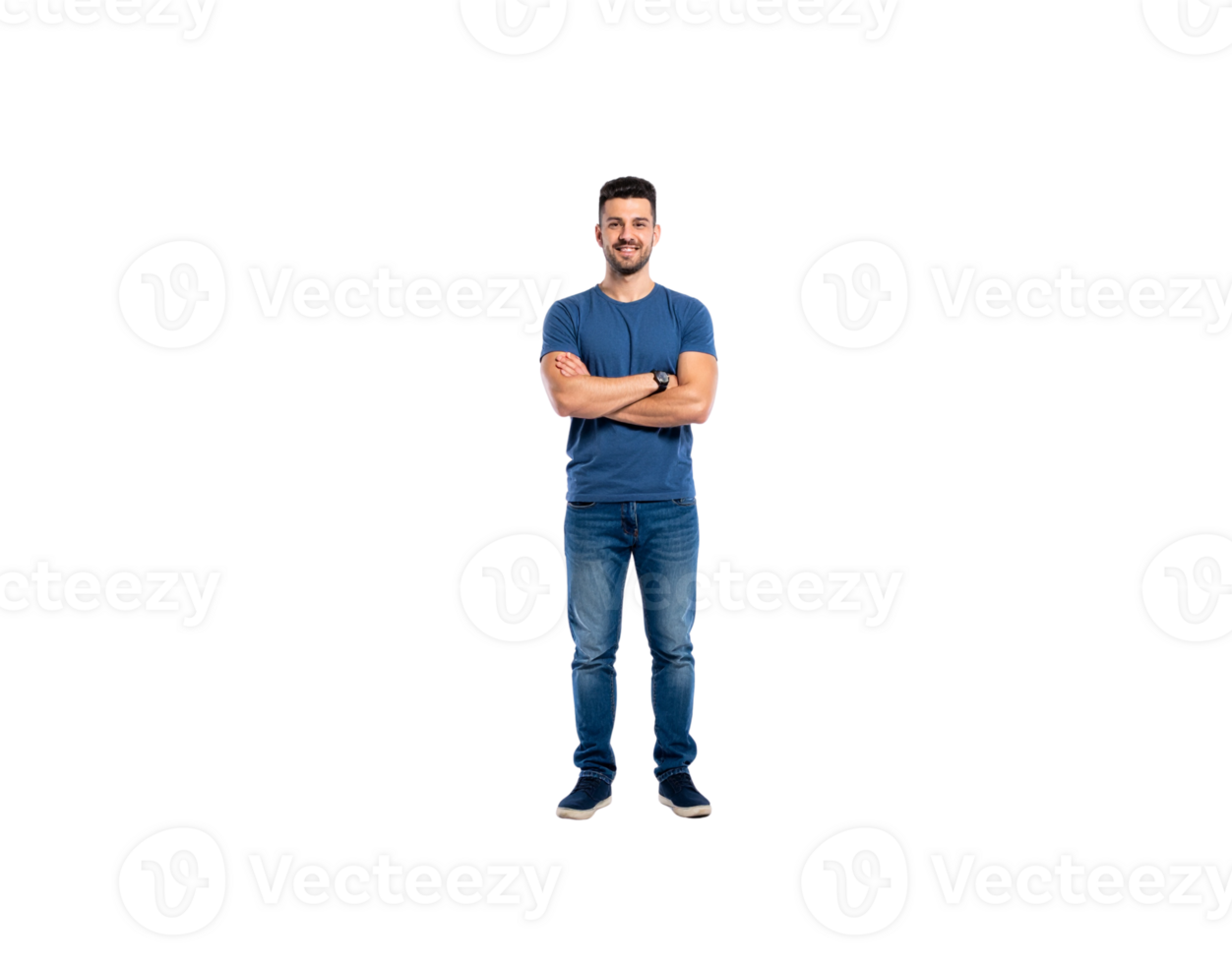 Smiling Man in Blue TShirt with Arms Crossed Full Shot. png