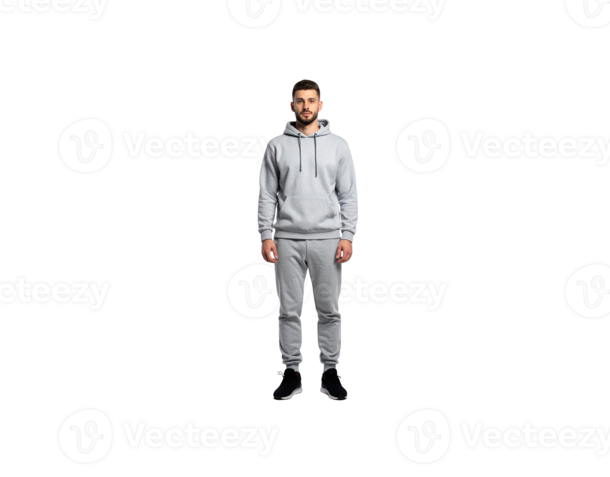 Man in Gray Hoodie and Sweatpants Standing Straight Black Sneakers. png