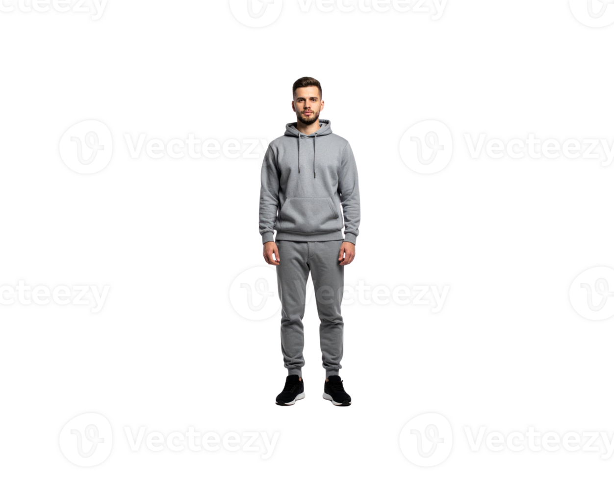 Man in Gray Hoodie and Sweatpants Standing Straight Facing Front. png