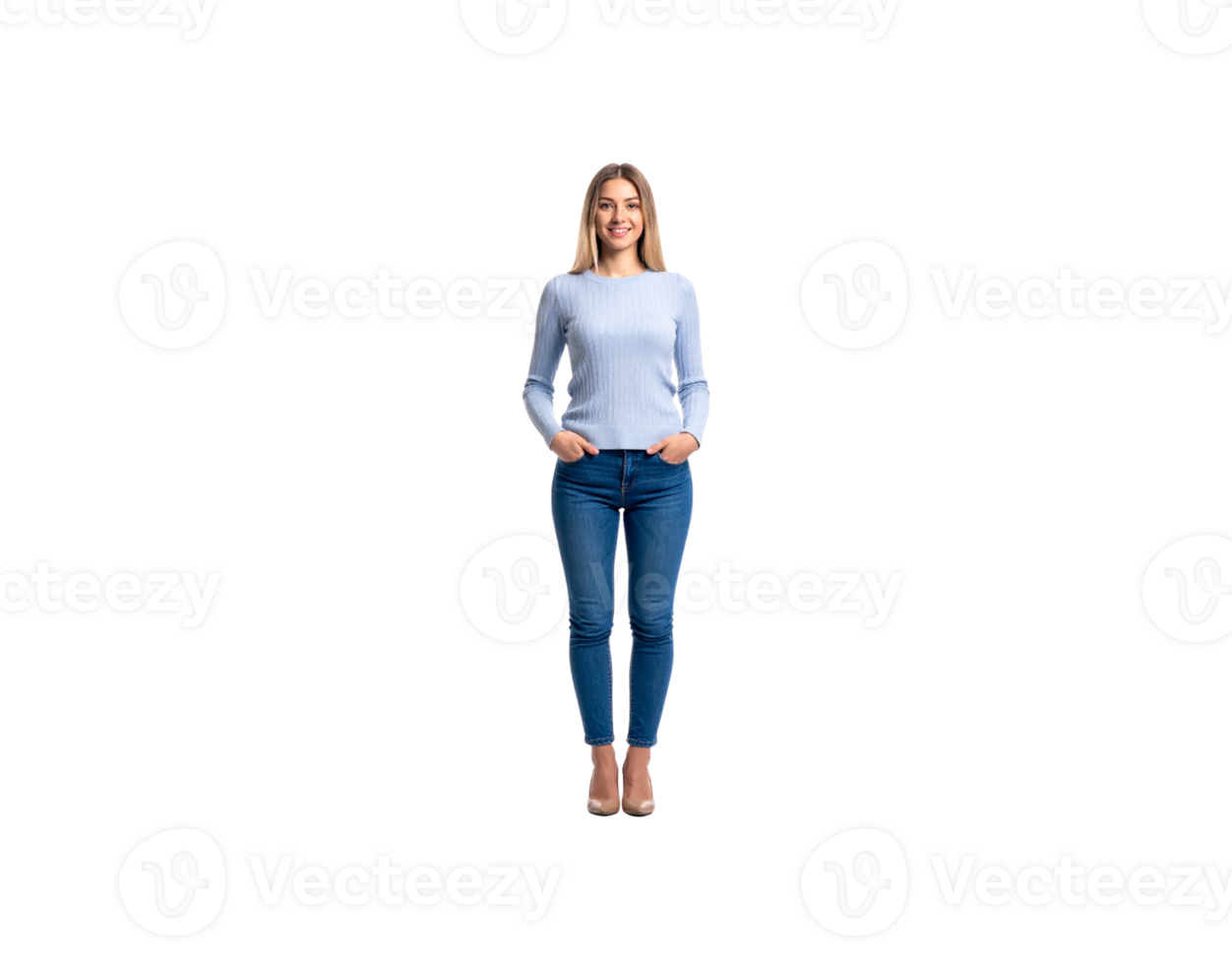 Smiling Woman in Blue Sweater and Jeans Standing with Hands in Pockets. png
