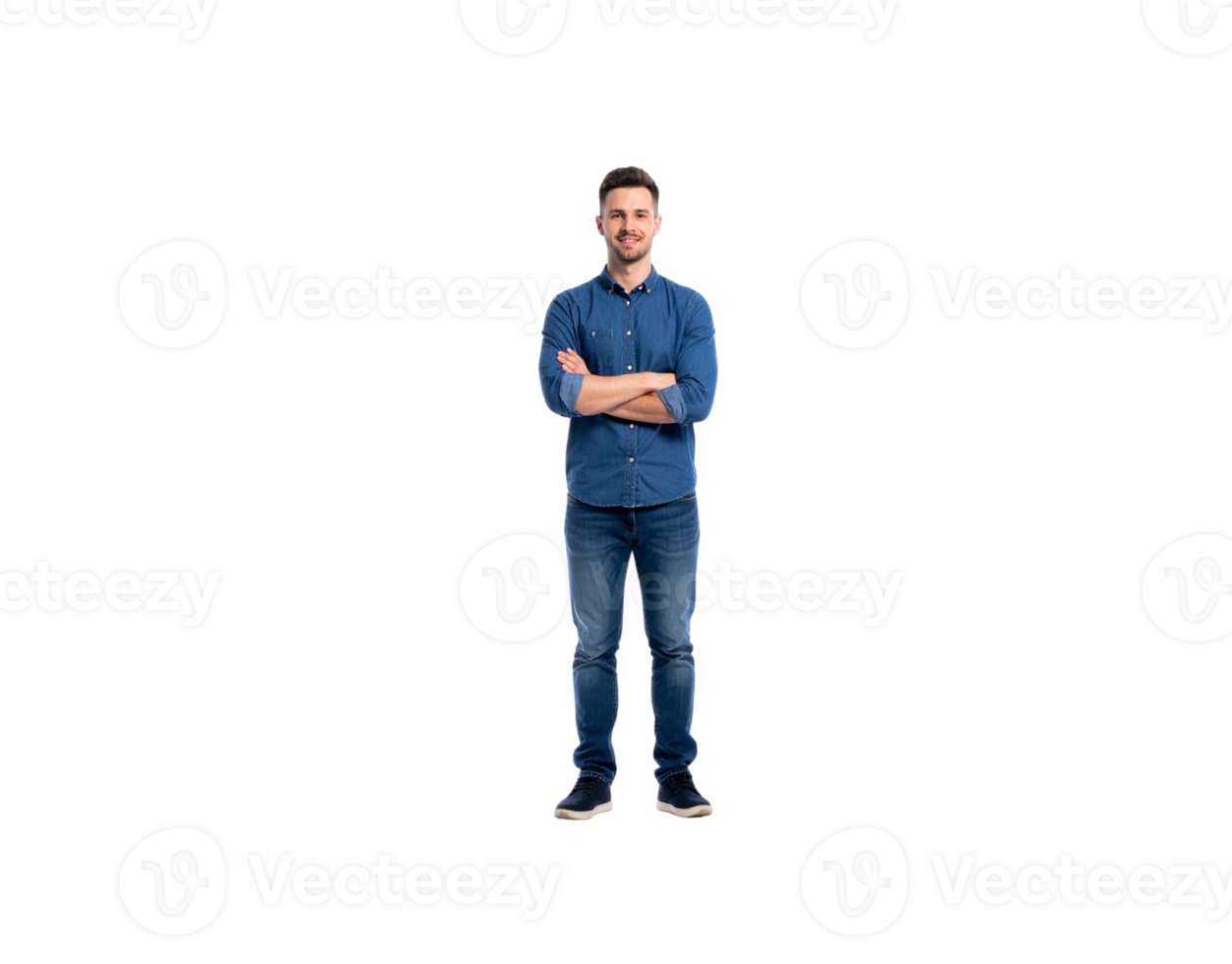 Confident Man in Denim Outfit with Arms Crossed Smiling Portrait. png