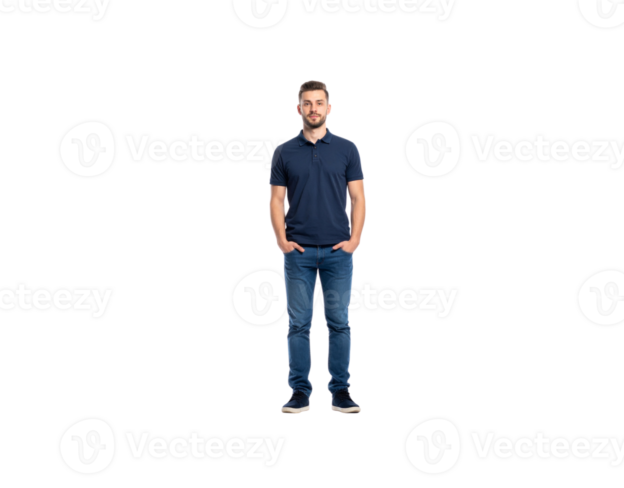 FullLength Portrait of a Man in Casual Blue Outfit with Hands in Pockets. png