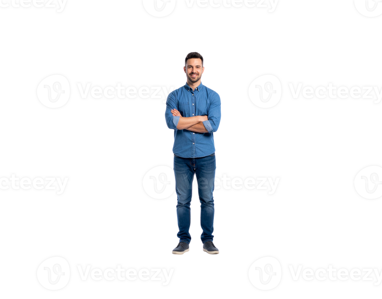 Smiling Man in Denim Outfit with Arms Crossed Full Shot. png