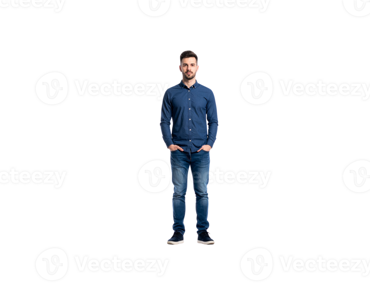 Standing Man in Blue Shirt and Jeans with Hands in Pockets. png