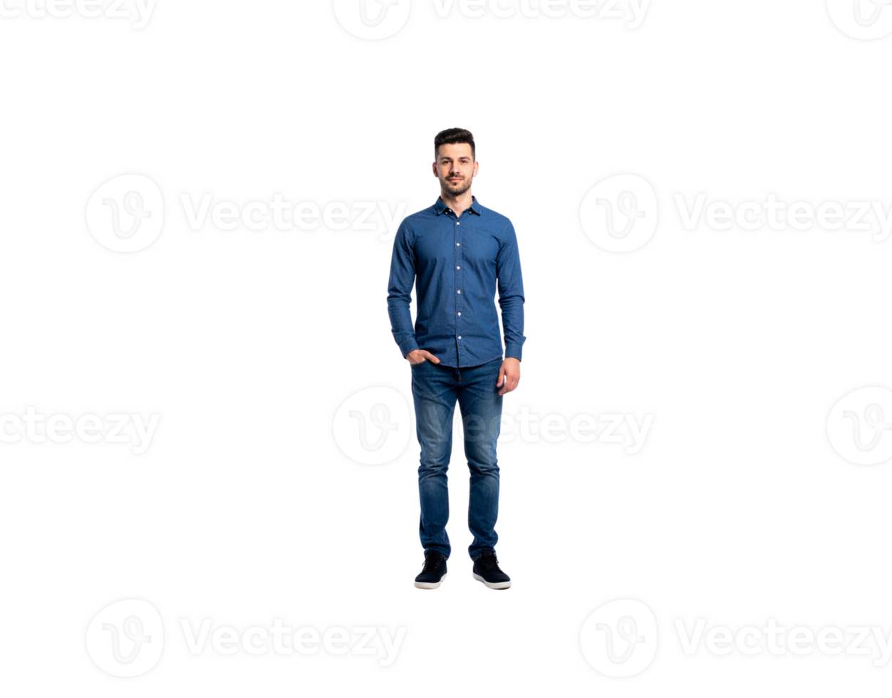 Full Shot of Man in Denim Shirt and Jeans with Hand in Pocket. png
