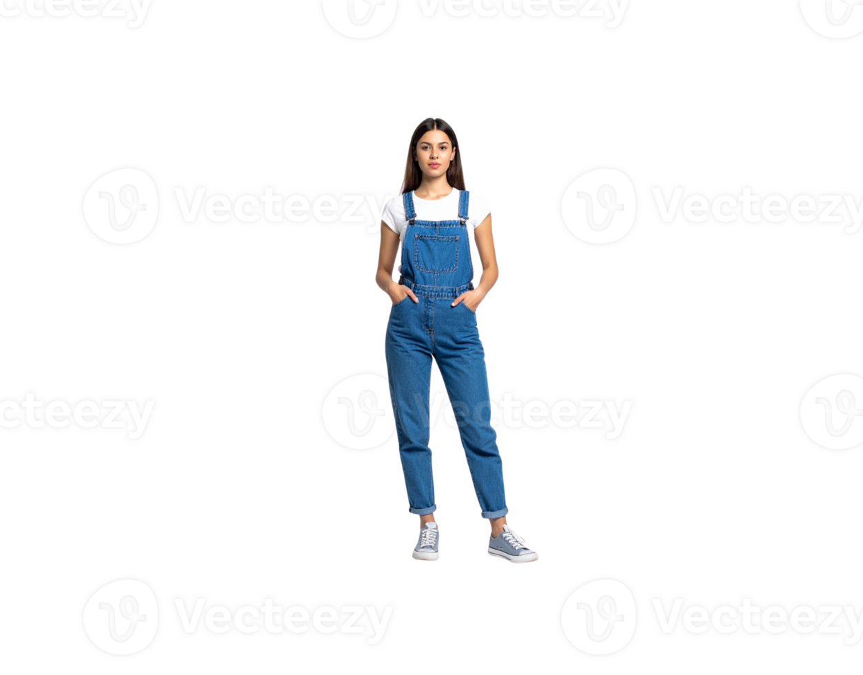 Young Woman in Denim Overalls and White TShirt Standing Confidently. png