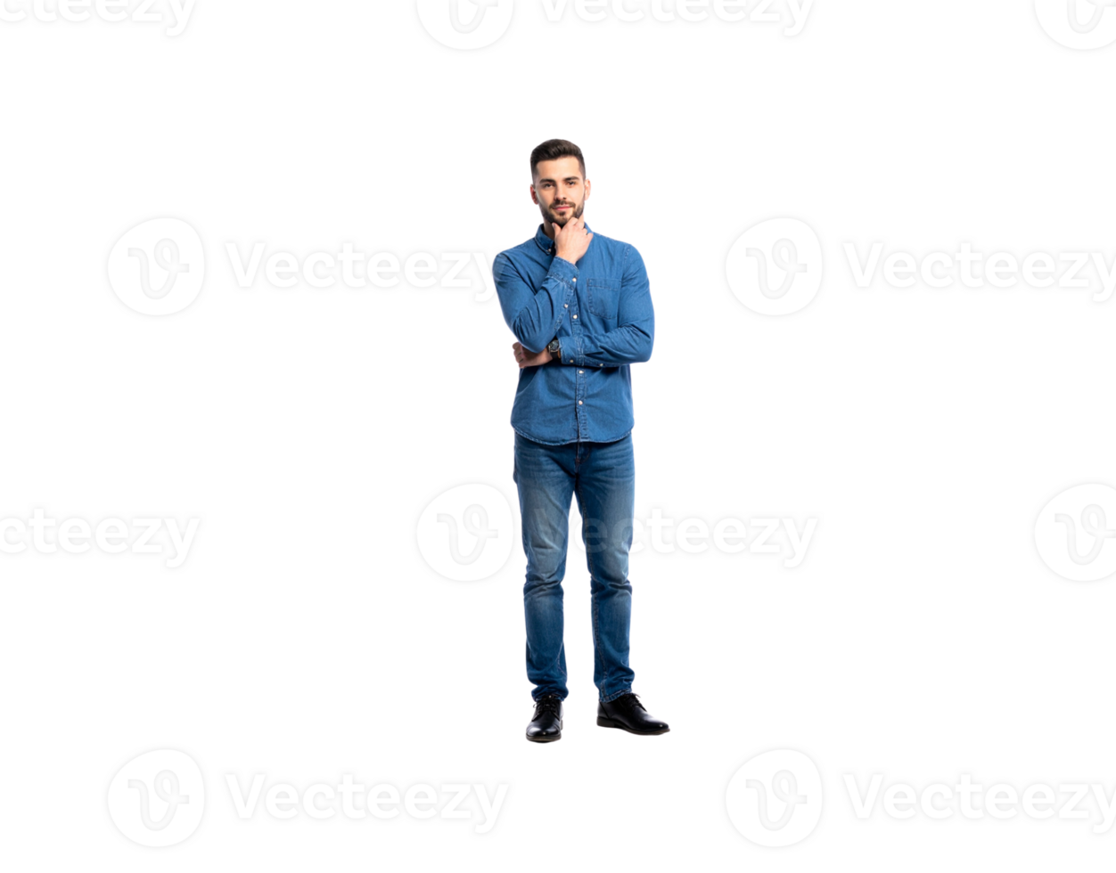 Pensive Man in Denim Outfit with Hand on Chin Full Shot. png