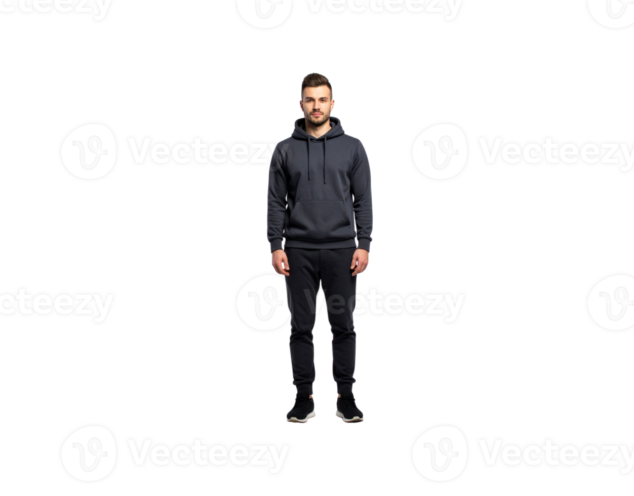 Man in Dark Gray Hoodie and Sweatpants Standing Straight. png