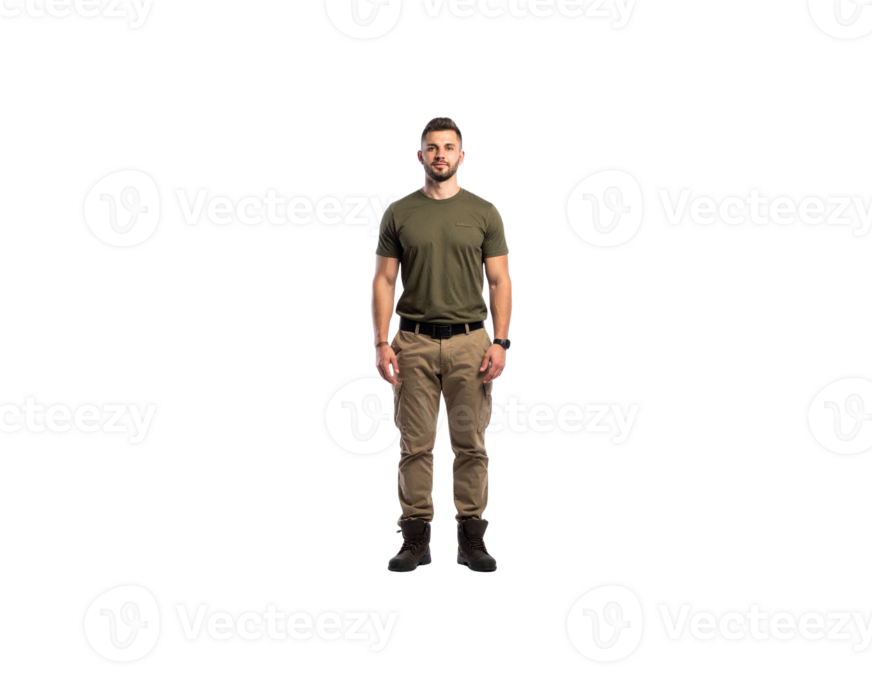 Standing Man in Olive TShirt and Khaki Cargo Pants with Boots. png